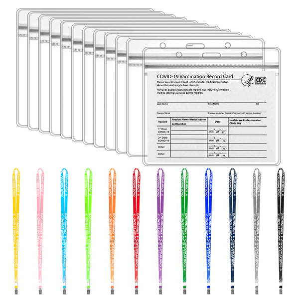6sisc 12Pcs Vaccination Card Protector for CDC Immunization Record Clear Plastic Sleeve with Color Lanyard Slots for ID Card Medical Information Notification CDC Encouraged Public Health and Clinical