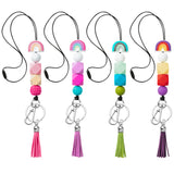 6sisc 4Pcs Silicone Beaded Lanyard Adjustable Rainbow Neck Lanyards with Decorative Tassels for Key Chain ID Badges Cards Holders Breakaway Necklace Keychain for Employees Teacher Nurses Student Women