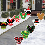 6sisc 10Pcs Christmas Cartoon Mouse Yard Sign Hanging Ornaments Wreath Snowman Santa Lawn Signs with Stakes Ribbons Winter Xmas Theme Holiday Party Decorations for Indoor Outdoor Courtyard Garden