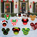 6sisc 10Pcs Christmas Cartoon Mouse Yard Sign Hanging Ornaments Wreath Snowman Santa Lawn Signs with Stakes Ribbons Winter Xmas Theme Holiday Party Decorations for Indoor Outdoor Courtyard Garden
