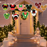 6sisc 10Pcs Christmas Cartoon Mouse Yard Sign Hanging Ornaments Wreath Snowman Santa Lawn Signs with Stakes Ribbons Winter Xmas Theme Holiday Party Decorations for Indoor Outdoor Courtyard Garden