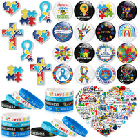 6sisc 90Pcs Autism Awareness Silicone Bracelets Buttons Pins Stickers Set Puzzle Pieces Love Heart Wristbands Bracelet Round Buttons Enamel Badges Vinyl Stickers for Charity Fundraising Party Supplies