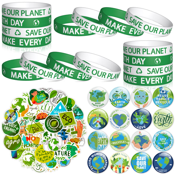 6sisc 82Pcs World’s Earth Day Silicone Bracelet Button Pins Set, Save Our Planet Wristbands Bracelet Buttons Enamel Badge Vinyl Stickers for Love Earth Party Decor Supplies Charity Fundraising Favors