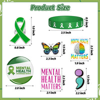 6sisc 90Pcs Mental Health Awareness Silicone Bracelet Button Pins Stickers Set Courage Strength Hope Wristbands Bracelet Buttons Enamel Badge Vinyl Stickers for Mental Health Month Charity Supplies