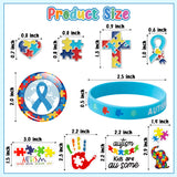 6sisc 90Pcs Autism Awareness Silicone Bracelets Buttons Pins Stickers Set Puzzle Pieces Love Heart Wristbands Bracelet Round Buttons Enamel Badges Vinyl Stickers for Charity Fundraising Party Supplies