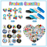 6sisc 90Pcs Autism Awareness Silicone Bracelets Buttons Pins Stickers Set Puzzle Pieces Love Heart Wristbands Bracelet Round Buttons Enamel Badges Vinyl Stickers for Charity Fundraising Party Supplies