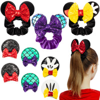 6sisc 9Pcs Mouse Ear Hair Clips Scrunchies Elastic Hair Bands Velvet Sparkle Sequin Scrunchy with Bow Hairs Ties Ponytail Holders Barrettes Theme Party Decoration Accessories for Women Girls Kids