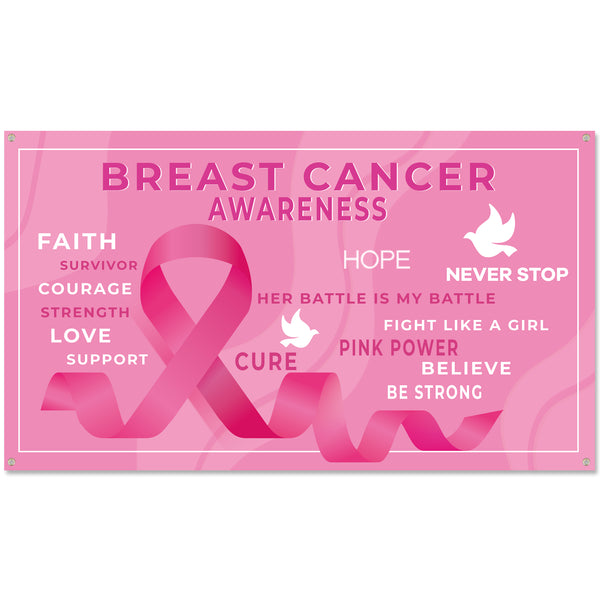 6sisc Breast Cancer Awareness Backdrop Banner Pink Ribbon Strength Courage Hope Faith Background Banners with Lanyard for Charity Activities Fundraising Gathering Marathon Campaign 78.7 x 45.2 in