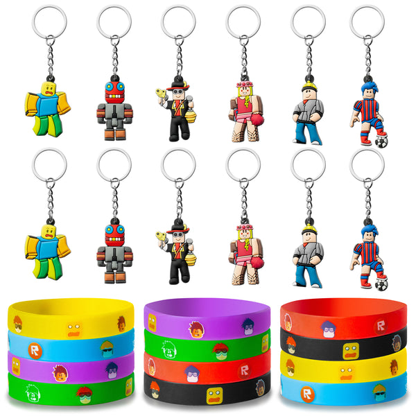 6sisc 24Pcs Robot Blocks Party Favors Set Include 12 Bracelets and 12 Keychains for Video Game Fans Colored Silicone Wristbands Rubber Key Chains Party Supplies for Kids Birthday Game Themed Party