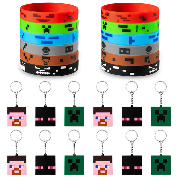 6sisc 24Pcs Pixel Miner Party Supplies Crafting Style Character Bracelets & Key Chains Pixelated Themed Silicone Wristband Key Ring Gamer Birthday Presents Parties Favor Decoration for Kids