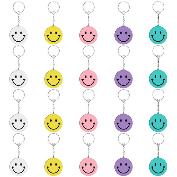 6sisc 20Pcs Smile Keychains Acrylic Happy Face Key Chain with Keyrings Cute Keychain for Purse Schoolbag Backpack Funny Teen Party Favors Supplies Bag Gift Fillers School Carnival Reward 5 Colors