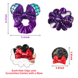 6sisc 9Pcs Mouse Ear Hair Clips Scrunchies Elastic Hair Bands Velvet Sparkle Sequin Scrunchy with Bow Hairs Ties Ponytail Holders Barrettes Theme Party Decoration Accessories for Women Girls Kids