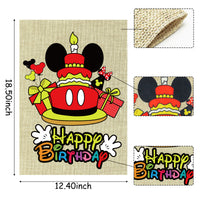 6sisc Happy Birthday Garden Flag Cartoon Mouse Burlap Yard Signs Double Sided Birthday Cake Welcome Poster Balloon Banner Party Decorations for Farmhouse Home Indoor Outdoor Lawn 18.5 x 12.4 Inch