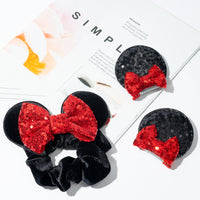 6sisc 9Pcs Mouse Ear Hair Clips Scrunchies Elastic Hair Bands Velvet Sparkle Sequin Scrunchy with Bow Hairs Ties Ponytail Holders Barrettes Theme Party Decoration Accessories for Women Girls Kids